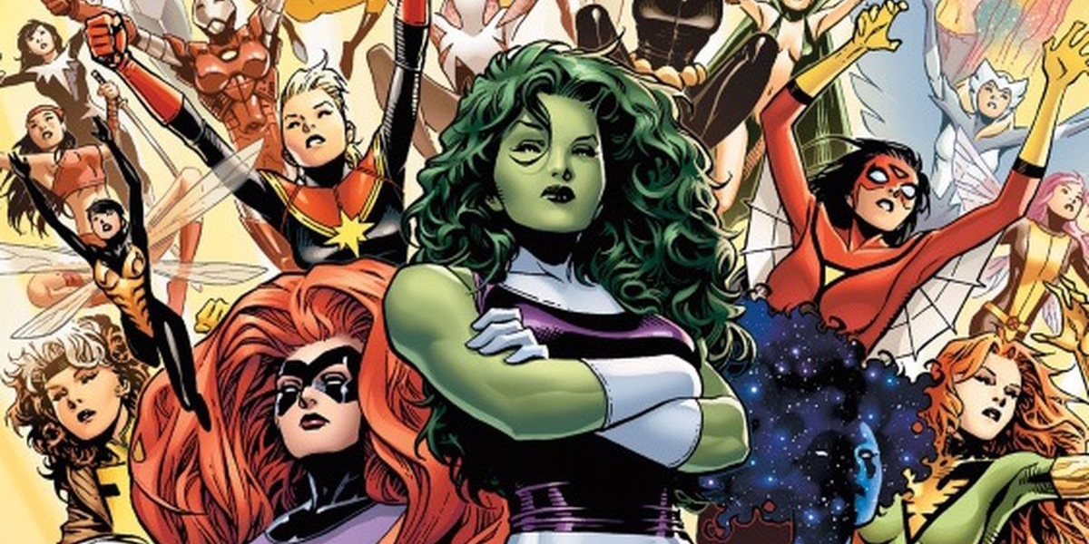 She-Hulk standing beside the other members of A-Force like Captain Marvel, Wasp, and Jean Grey