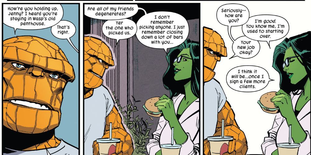 She-Hulk is having lunch with Ben Grimm sharing a moment of friendship and compassion.