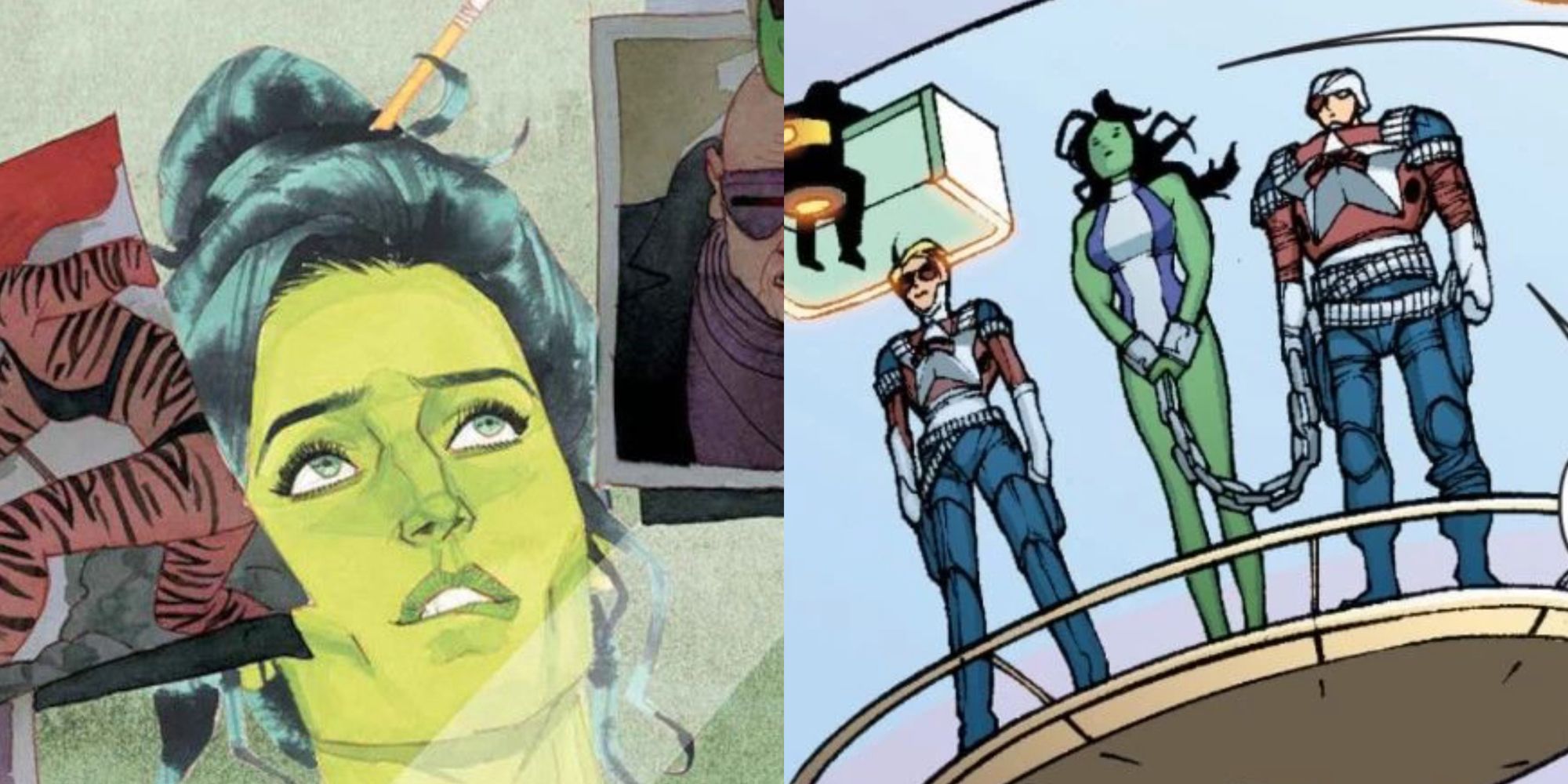 Split image featuring She-Hulk reviewing case photos and She-Hulk awaiting trial.