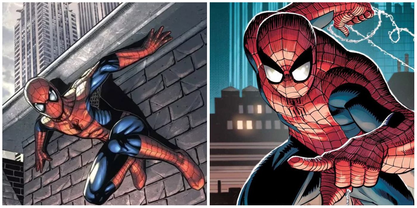 Image depicts Spider-Man clinging to a wall and Spider-Man web-slinging.