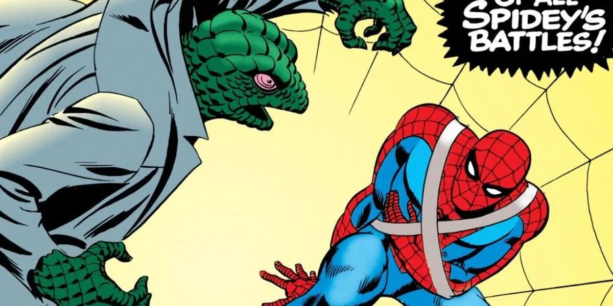 Spider-Man fights The Lizard in Marvel Comics.