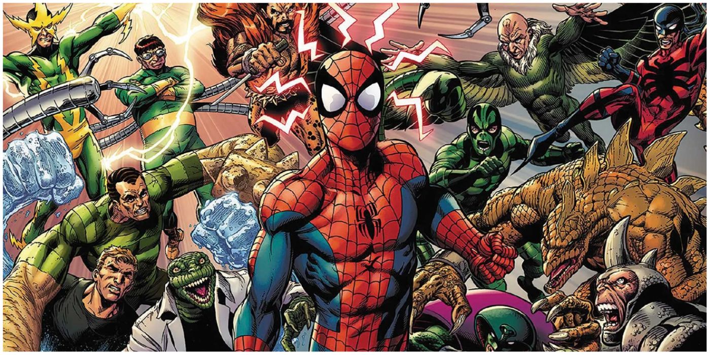 Spider-Man standing infront of villains with Spidey sense tingling in Marvel comics