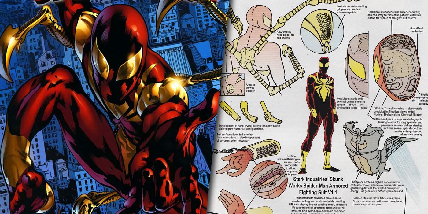 Spider-Man's Iron Spider costume and specs split image
