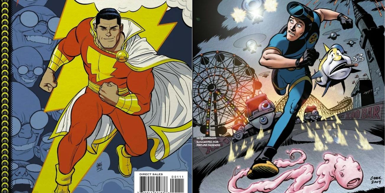 A split image of old school Captain Marvel and Seaguy, from DC Comics