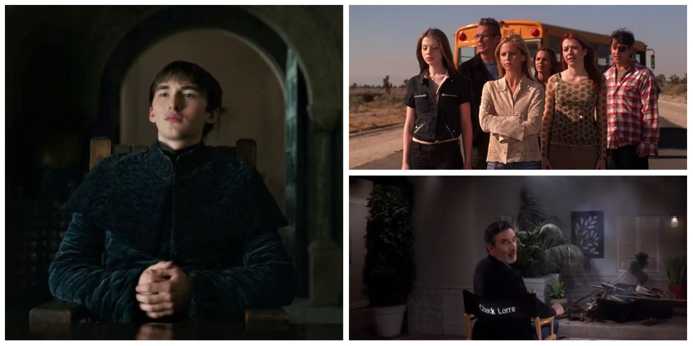 Split image of King Bran from Game of Thrones, the Buffy the Vampire Slayer cast, and the finale of Two and a Half Men 