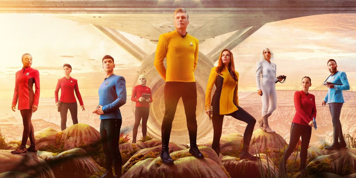 Star Trek Strange New Worlds cast standing in front of the ship in a promotional still.