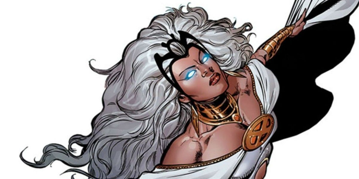 Storm from the X-Men flying while wearing a white outfit in Marvel Comics