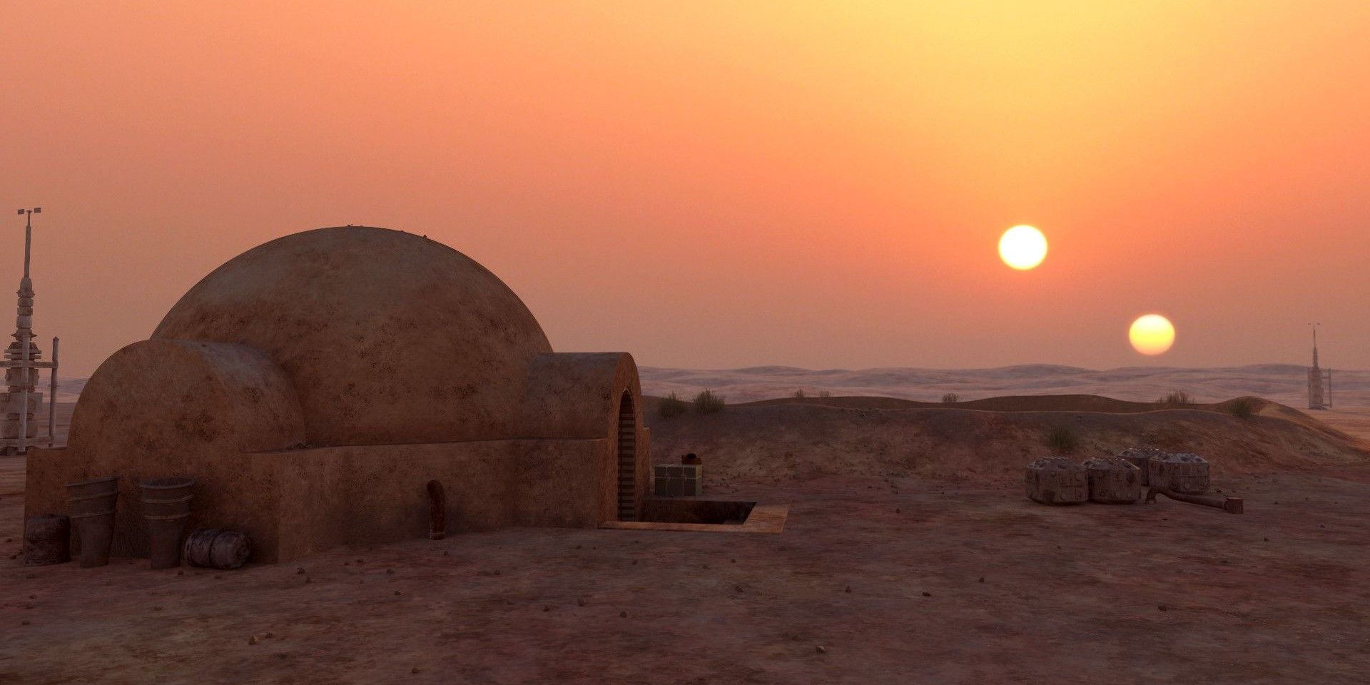 Tatooine's double suns set over a moisture farm in Star Wars