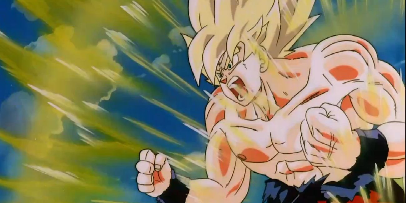 Super Saiyan Goku shouts in anger in Dragon Ball Z