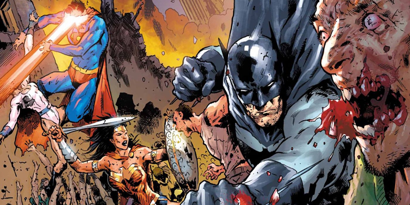 Superman, Batman and Wonder Woman fighting zombies in DCeased from DC Comics