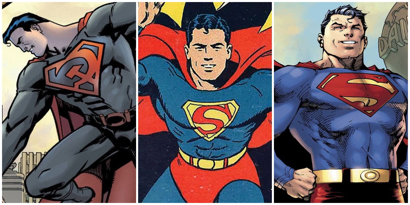 A split image of Superman: Red Son, Golden Age Superman, and Modern Era Superman