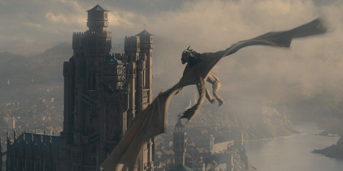 Syrax over King's Landing in House of the Dragon