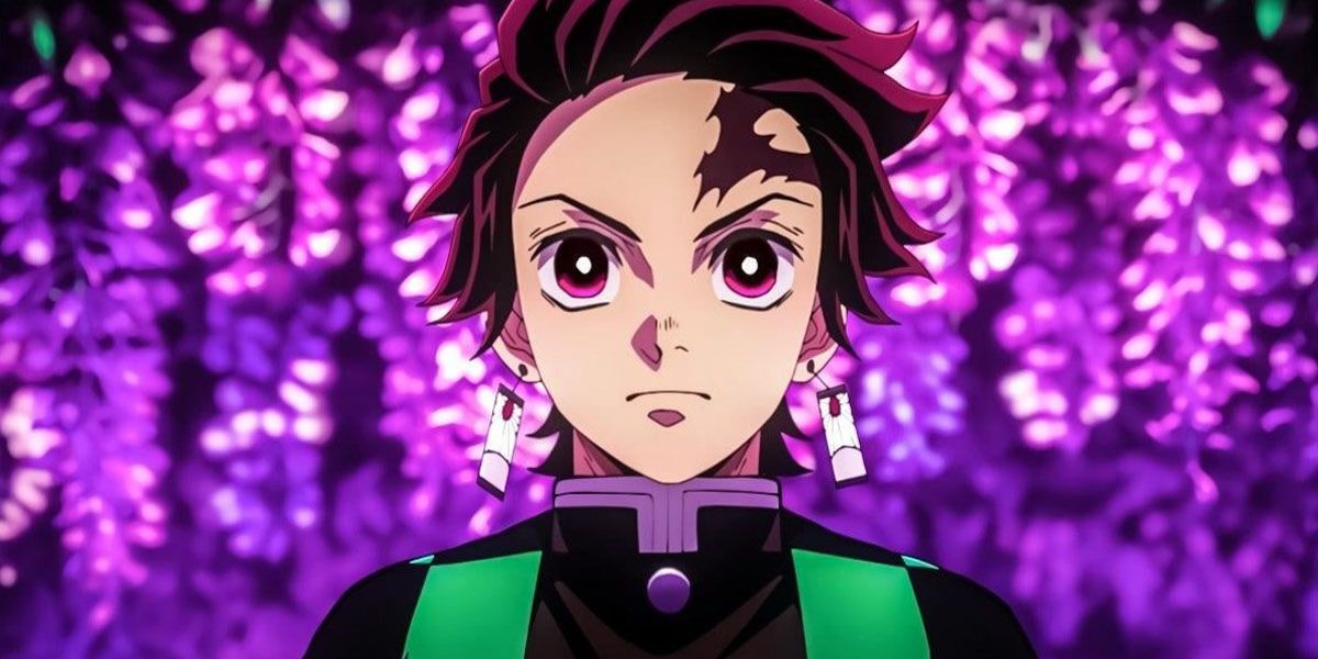 Kamado Tanjiro against a purple backdrop of tree leaves In Demon Slayer