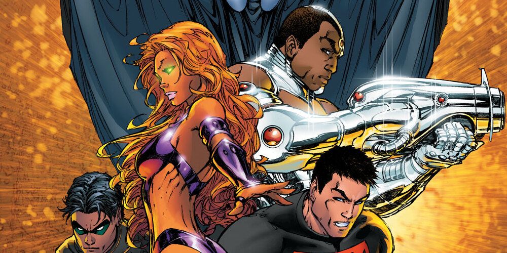 Starfire, Robin, Cyborg, and Superboy in a Teen Titans cover