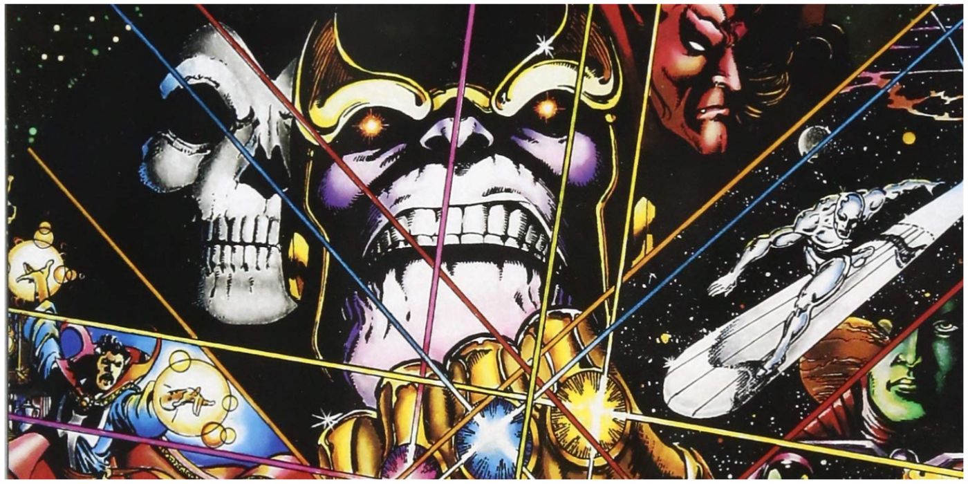 Thanos clenching infinity gauntlet with mephisto and death next to him in Marvel comics