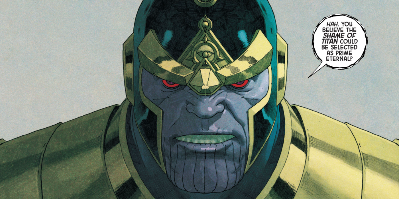 An image of Thanos discussing whether he'll become Prime Eternal