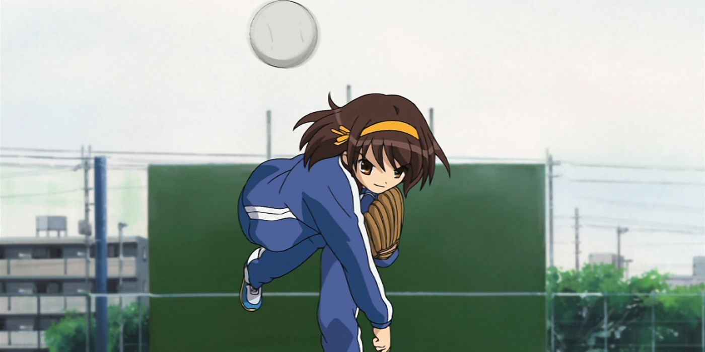 Haruhi tossing the baseball in The Boredom of Haruhi Suzumiya.