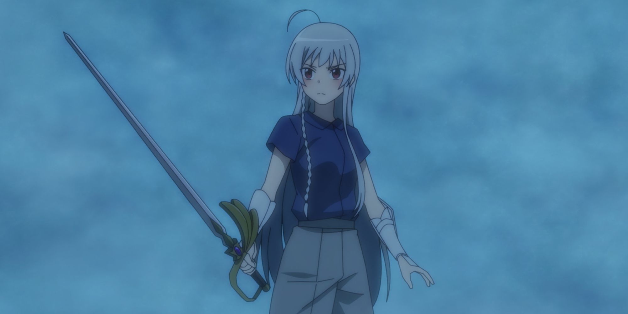 Emi-as-Emilia bears her sword in The Devil Is a Part-Timer!.