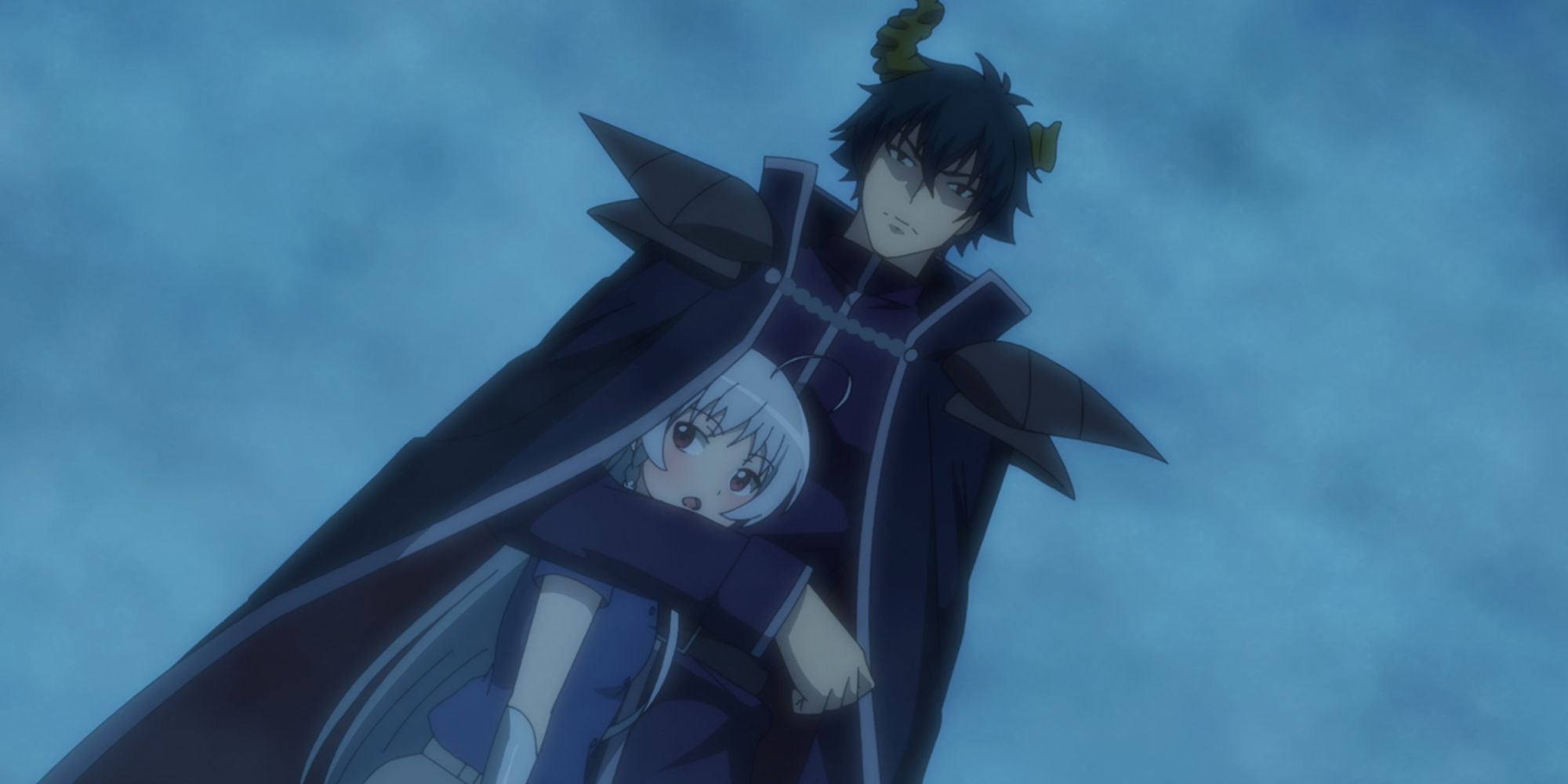 Maou as Satan holds Emi as Emilia under his cloak in The Devil Is a Part-Timer!.