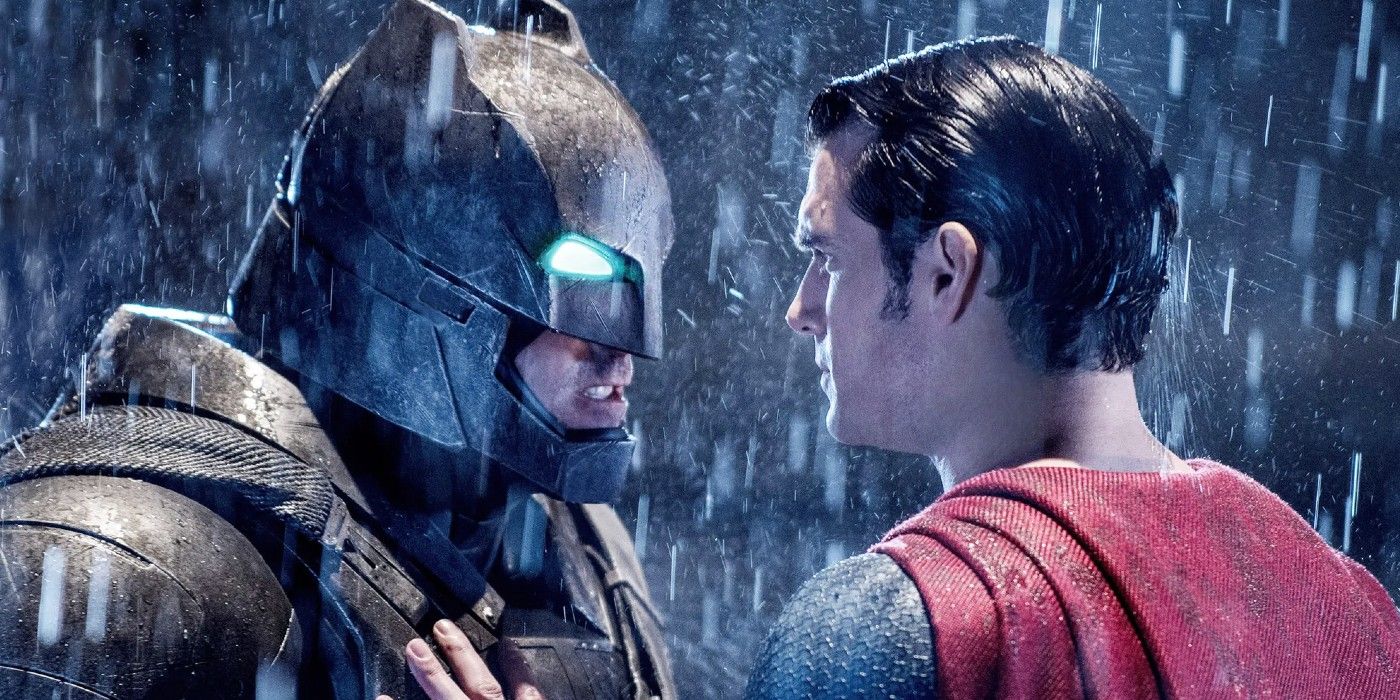 Batman and Superman face off in the rain in the DCEU