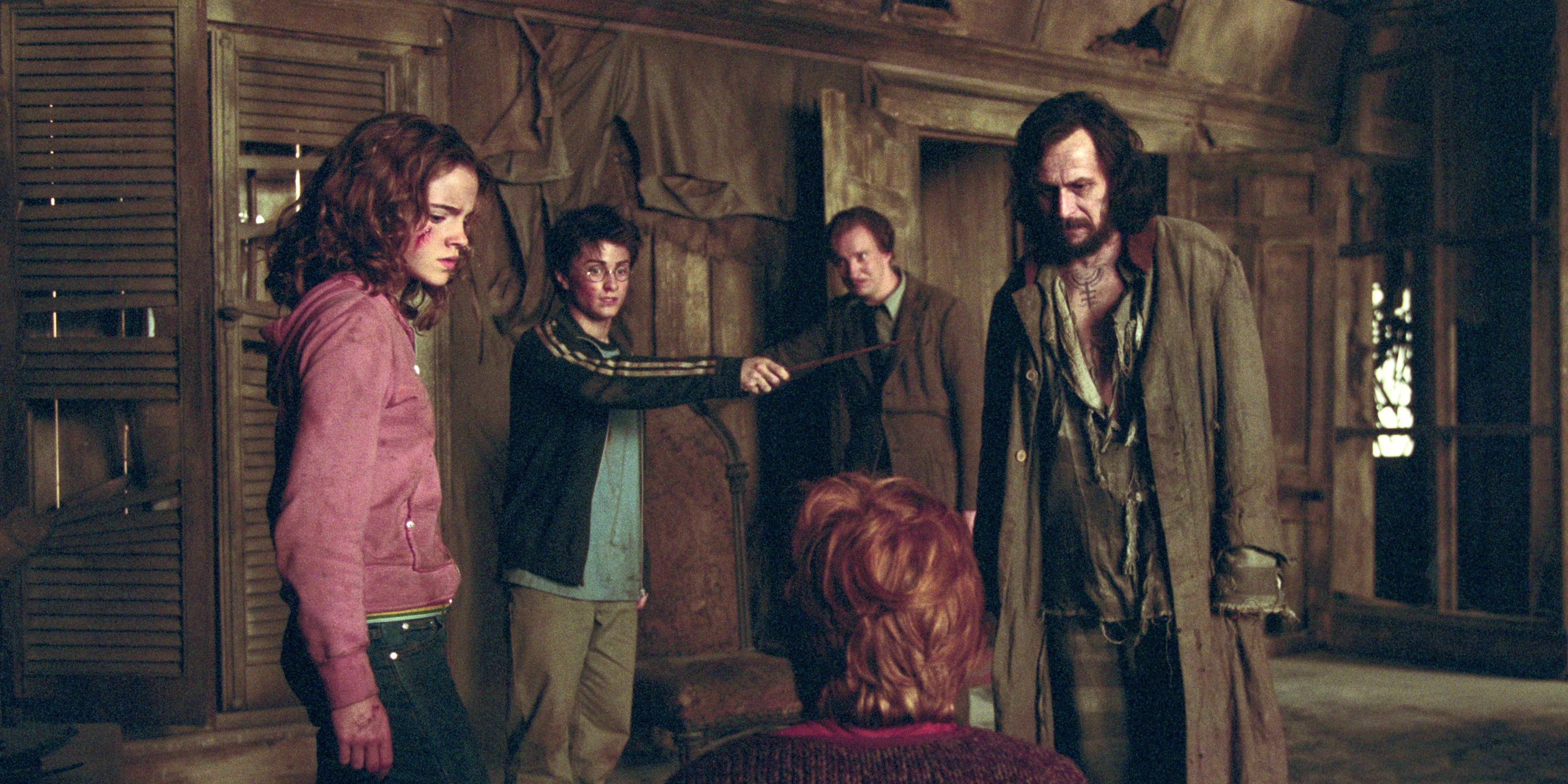 The Golden Trio and the Marauders in the Shrieking Shack in Harry Potter and the Prisoner of Azkaban.
