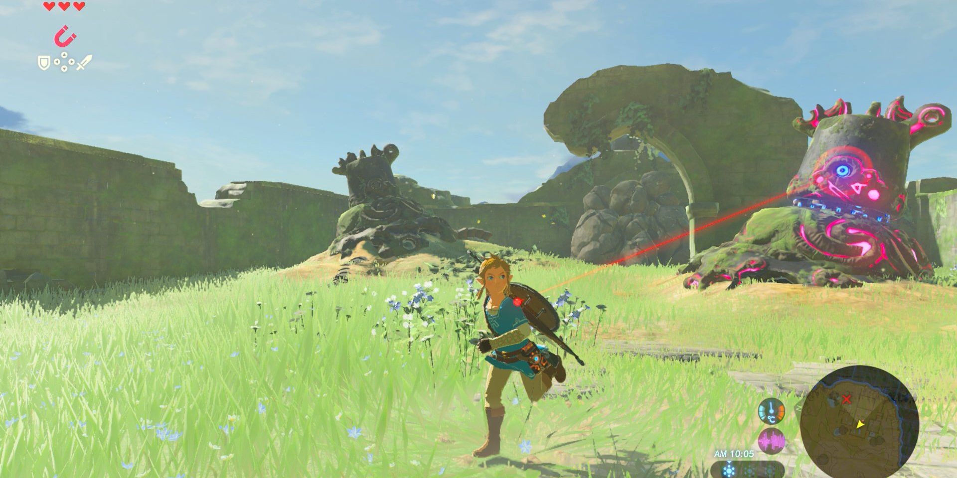 Link evita o ataque de um Guardião em The Legend of Zelda Breath of the Wild