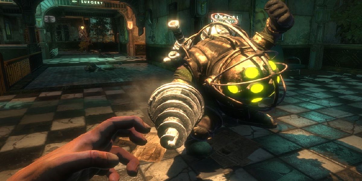 A Big Daddy attacking the player from Bioshock