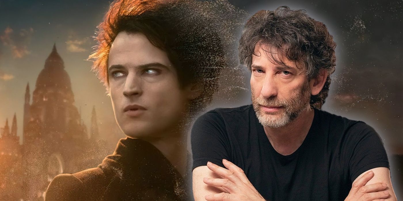 Tom Sturridge as Dream/The Sandman next to Neil Gaiman.