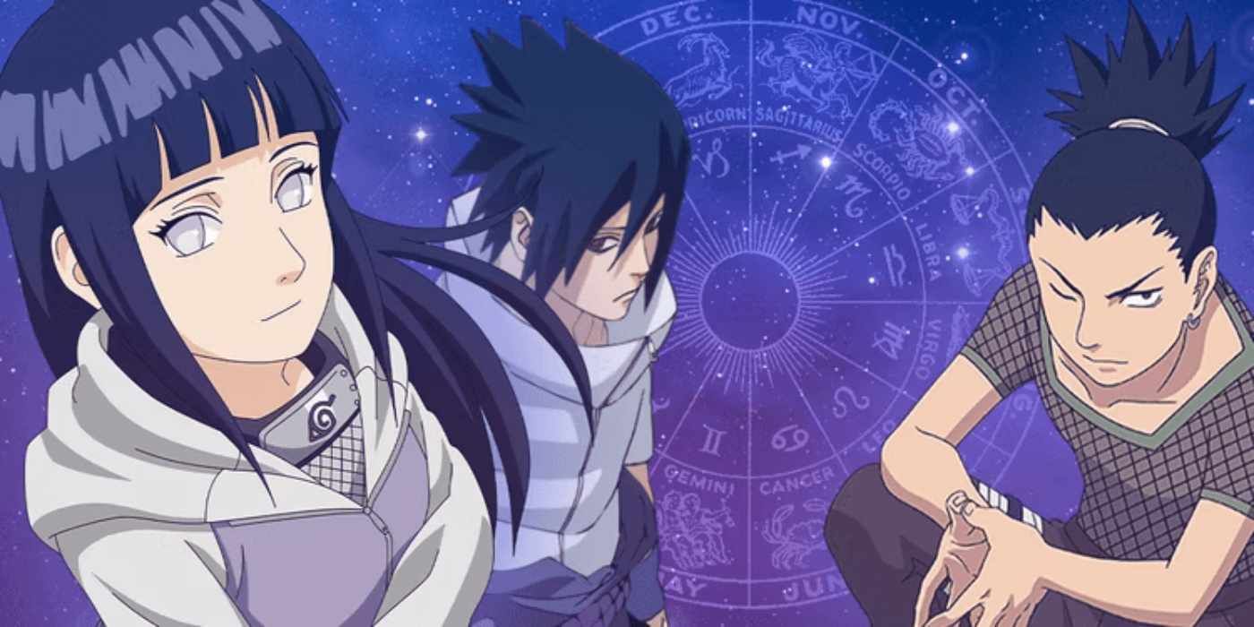 Three Naruto ninjas in front of a zodiac background