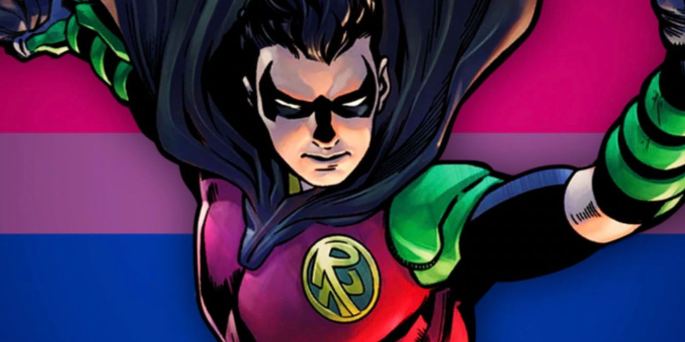 Tim Drake with a pride flag in the background.in DC Comics