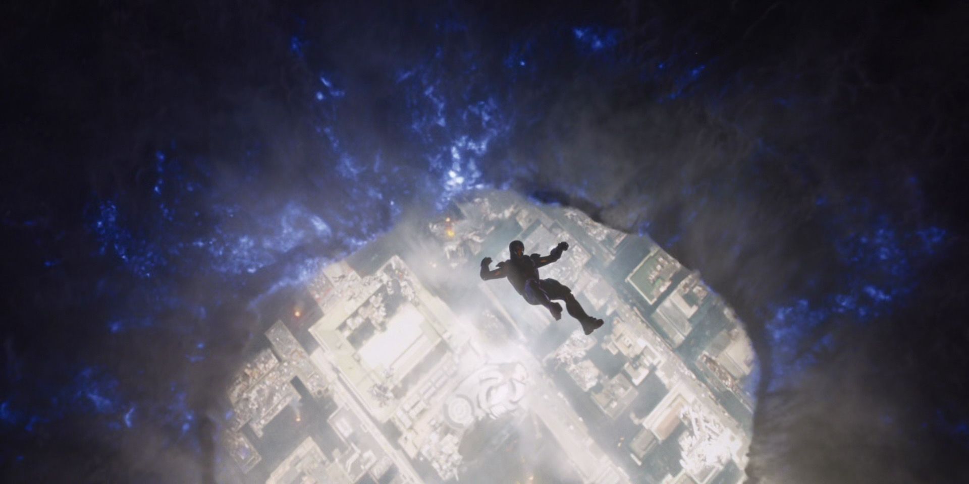 Tony Stark falls through a space portal at the end of Avengers