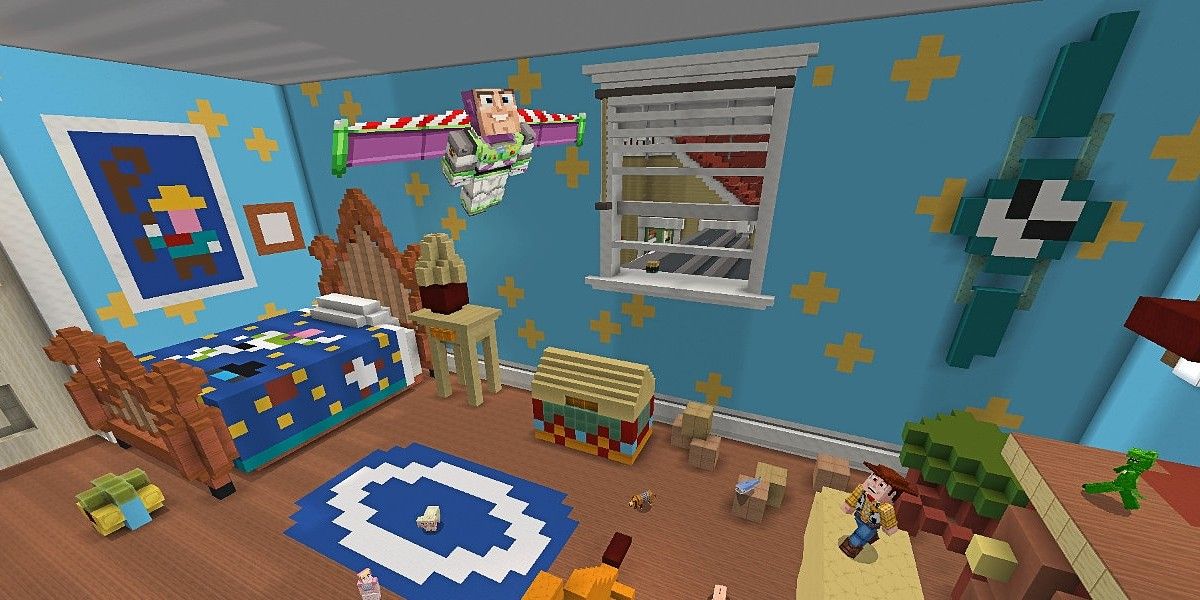 Buzz flying as Woody watches in the Toy Story Minecraft mash-up pack.