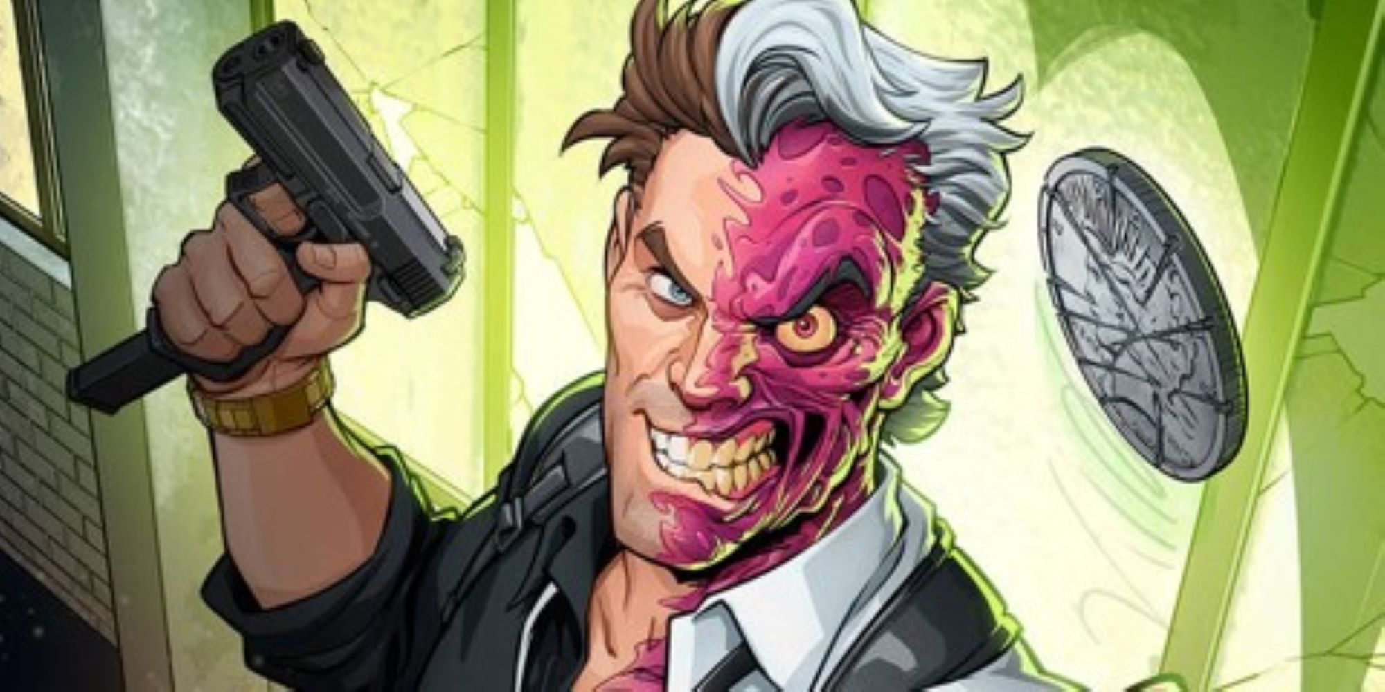 Two-Face cocks a gun and flips a coin in DC Comics