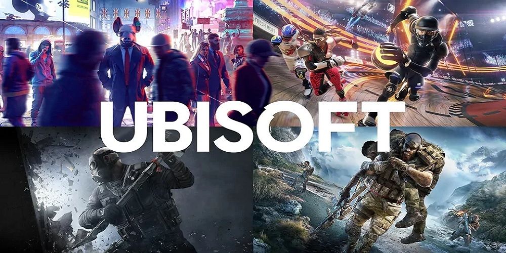 Ubisoft logo with some of their most popular games behind it