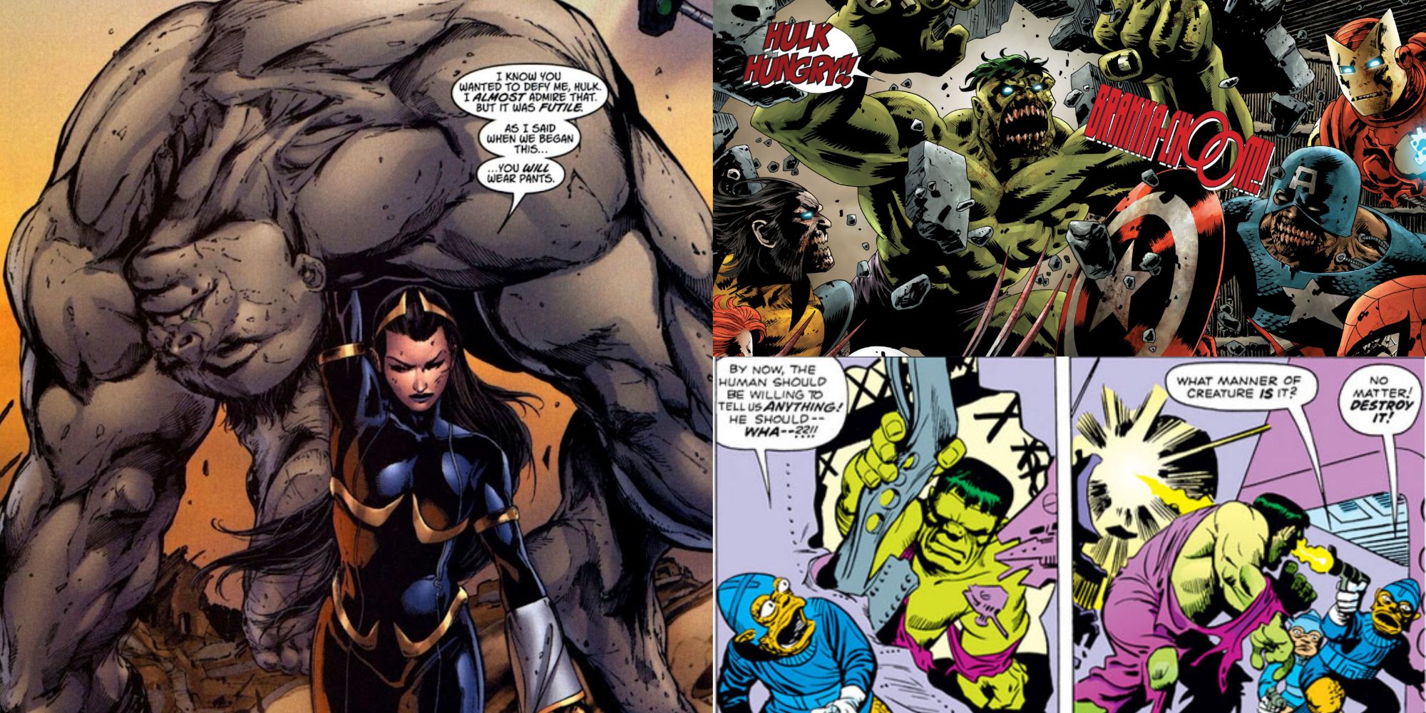 Ultimate, Zombie, and 616 Hulk from Marvel Comics