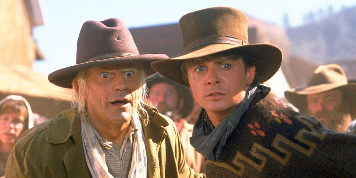 Doc and Marty wearing cowboy outfits in Back to the Future 3