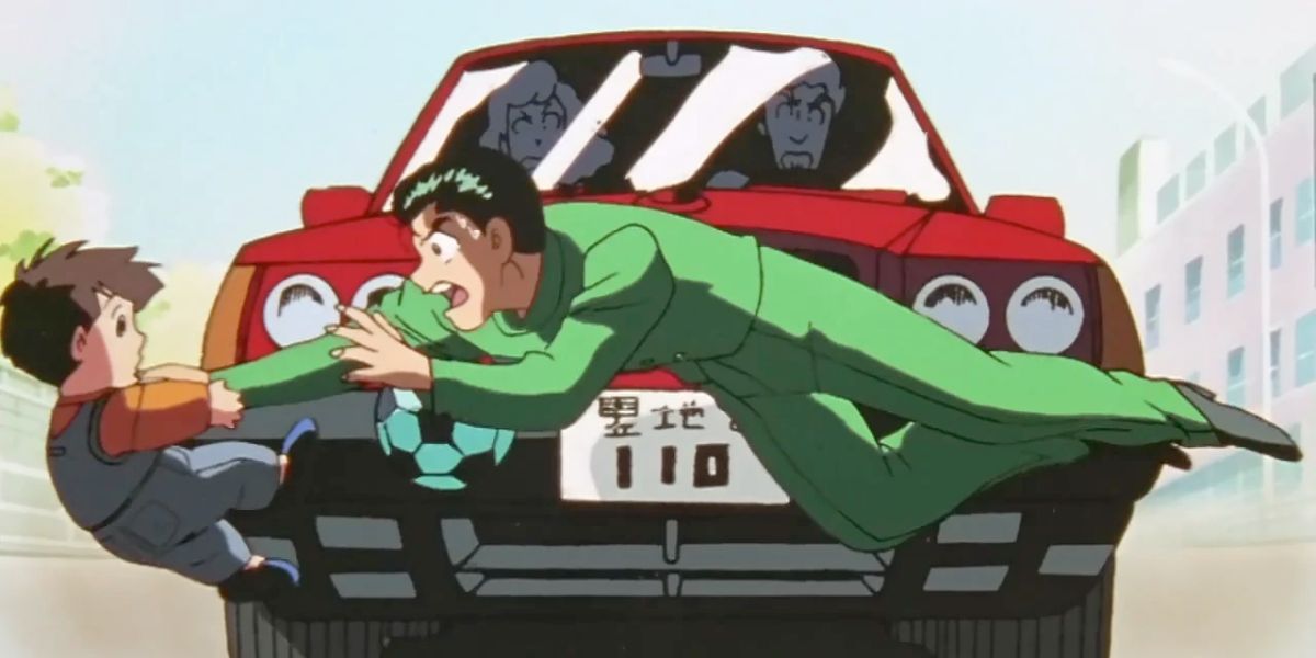 Yusuke is saving a child from an out-of-control car (YuYu Hakusho)