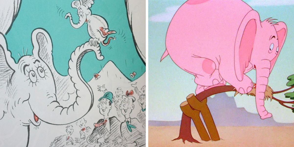 Horton holding the elephant-bird baby on his trunk (book version); Horton sitting on a bending tree (movie version) (Horton Hatches the Egg)