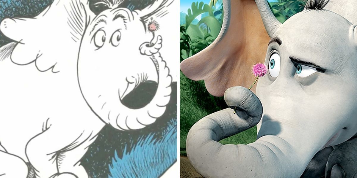 A split image of Seuss' Horton the Elephant in a book and Horton in computer animation