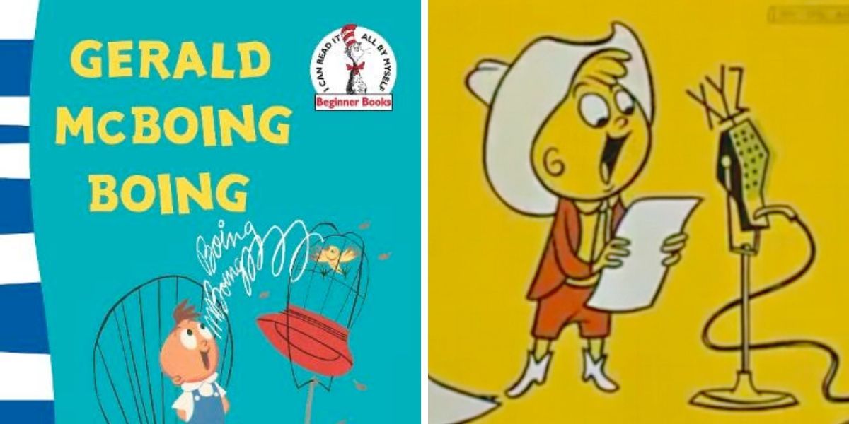 Gerald making noises near a bird cage (book version); Gerald in front of a microphone (movie version) (Gerald McBoing-Boing)
