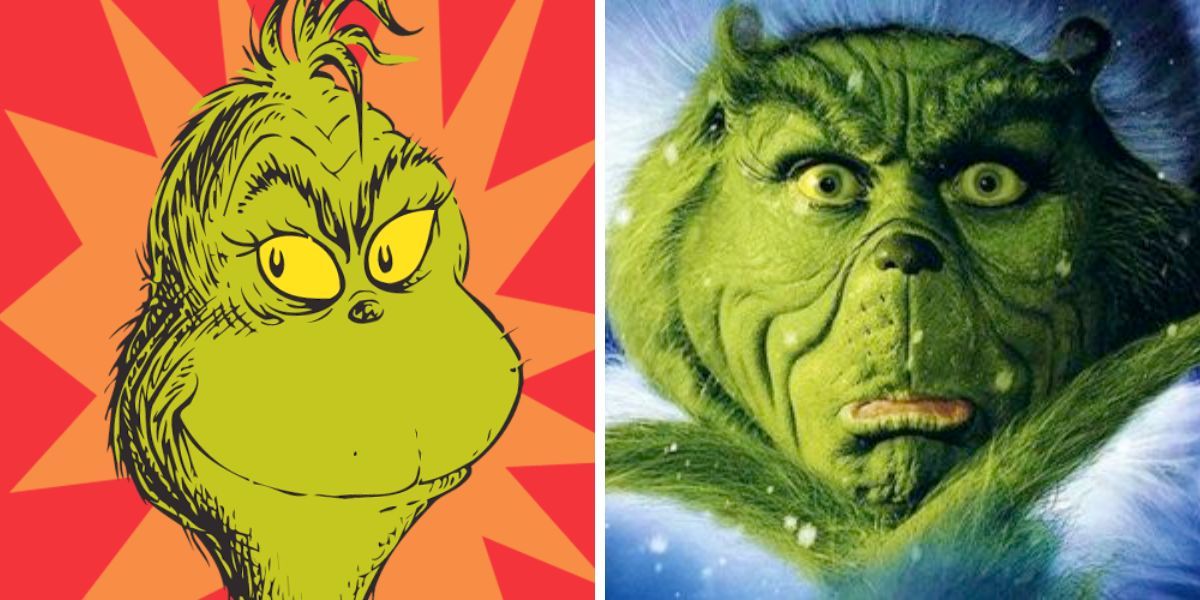 The Grinch is smiling evilly (book version); The Grinch is looking perplexed (movie version) (How the Grinch Stole Christmas)