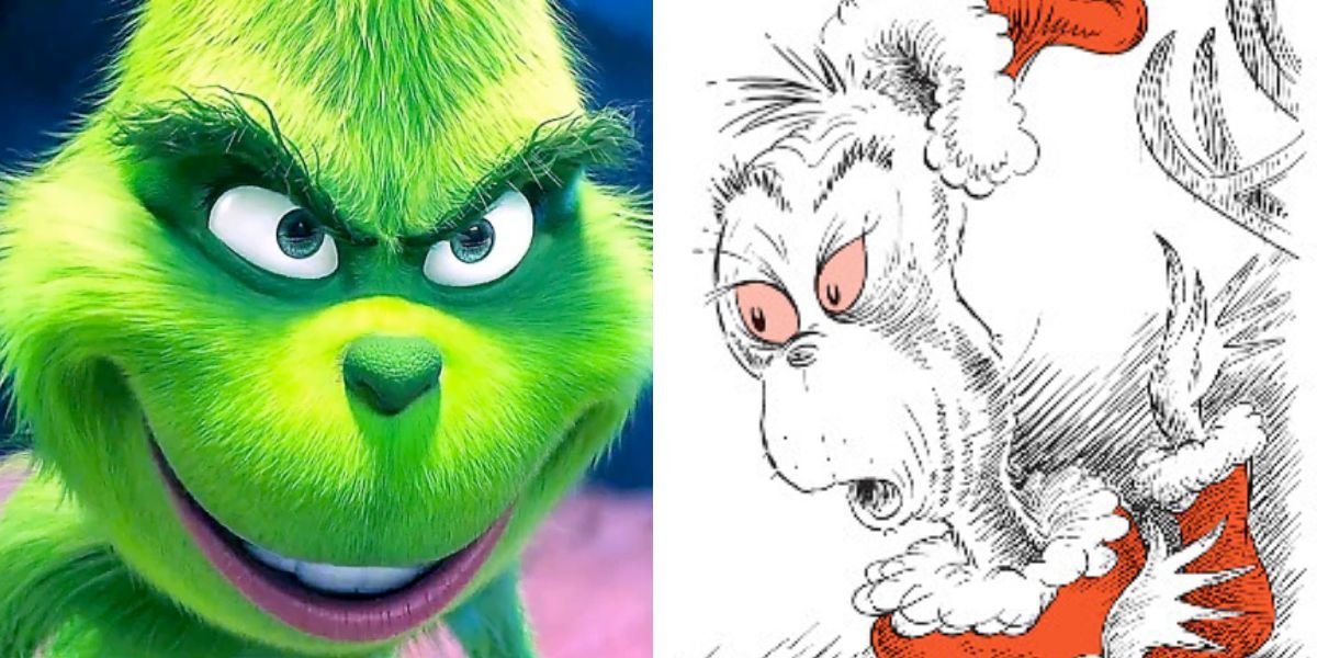 The Grinch is smiling evilly (movie version); The Grinch is looking surprised (book version) (The Grinch)
