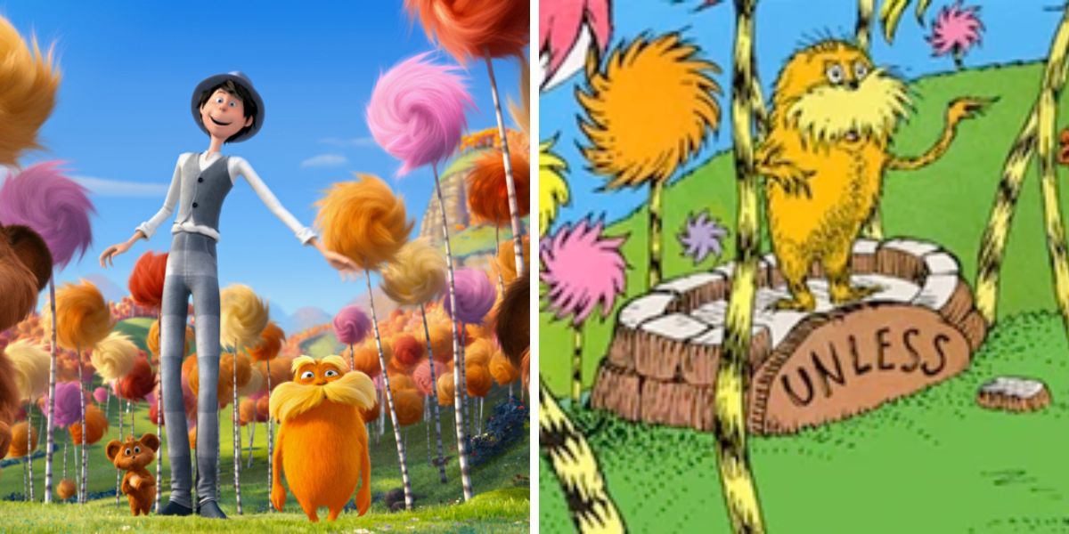 The Once-ler and the Lorax are standing in the forest (movie version); The Lorax standing on the "unless" platform (book version) (The Lorax)
