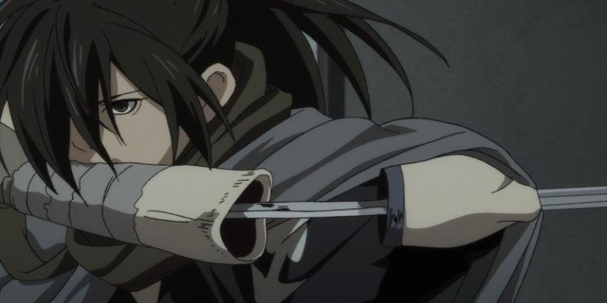 Hyakkimaru holding his prosthetic sword-arm in his mouth (Dororo)