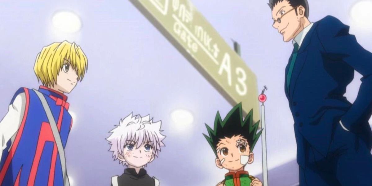 Kurapika, Killua, Gon, and Leorio meeting under an archway (Hunter x Hunter)