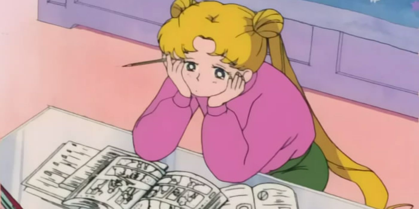 Usagi Tsukino reads manga and looks bored in Sailor Moon.