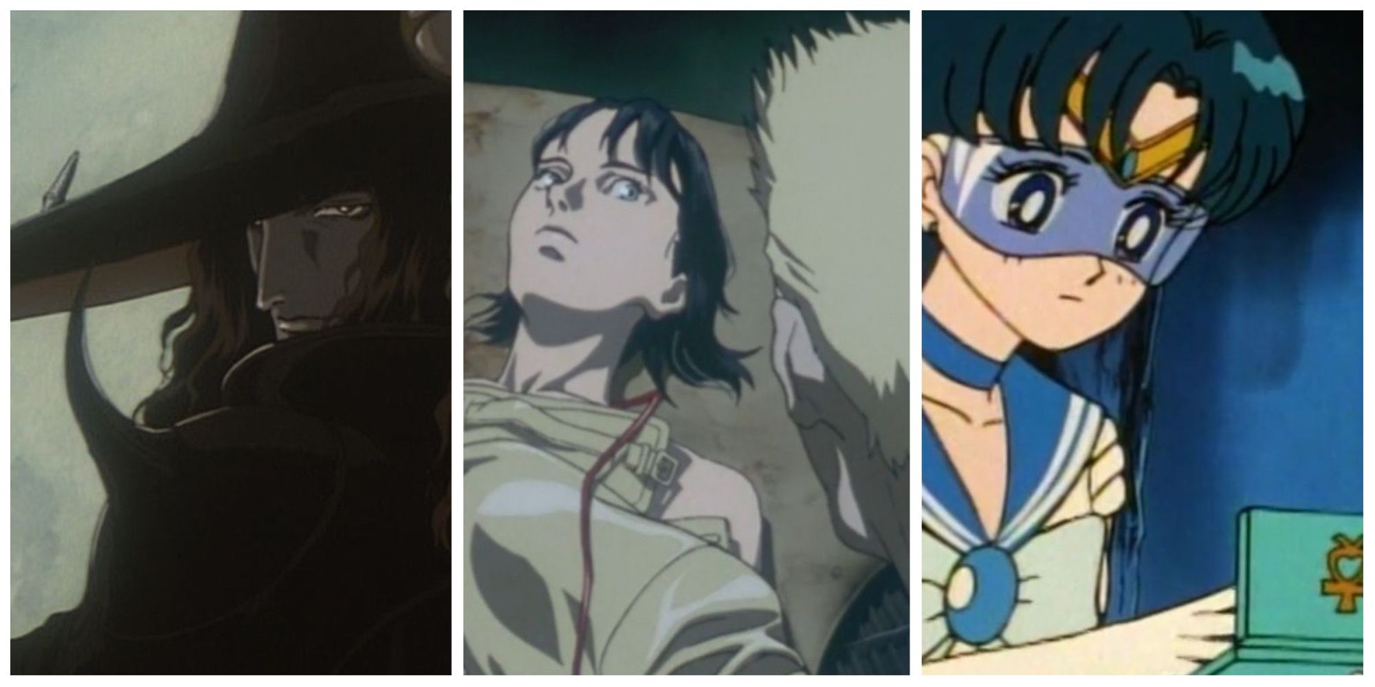 D from Vampire Hunter D: Bloodlust catching an arrow in the moonlight, Kusanagi on a table ready to merge with the Puppet Master and Sailor Mercury using her computer