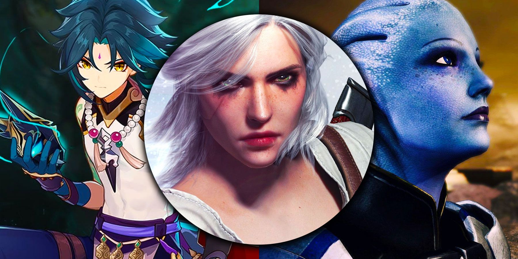 A split image of Xiao from Genshin Impact, Ciri from The Witcher 3, and Liara T'Soni from Mass Effect collage image