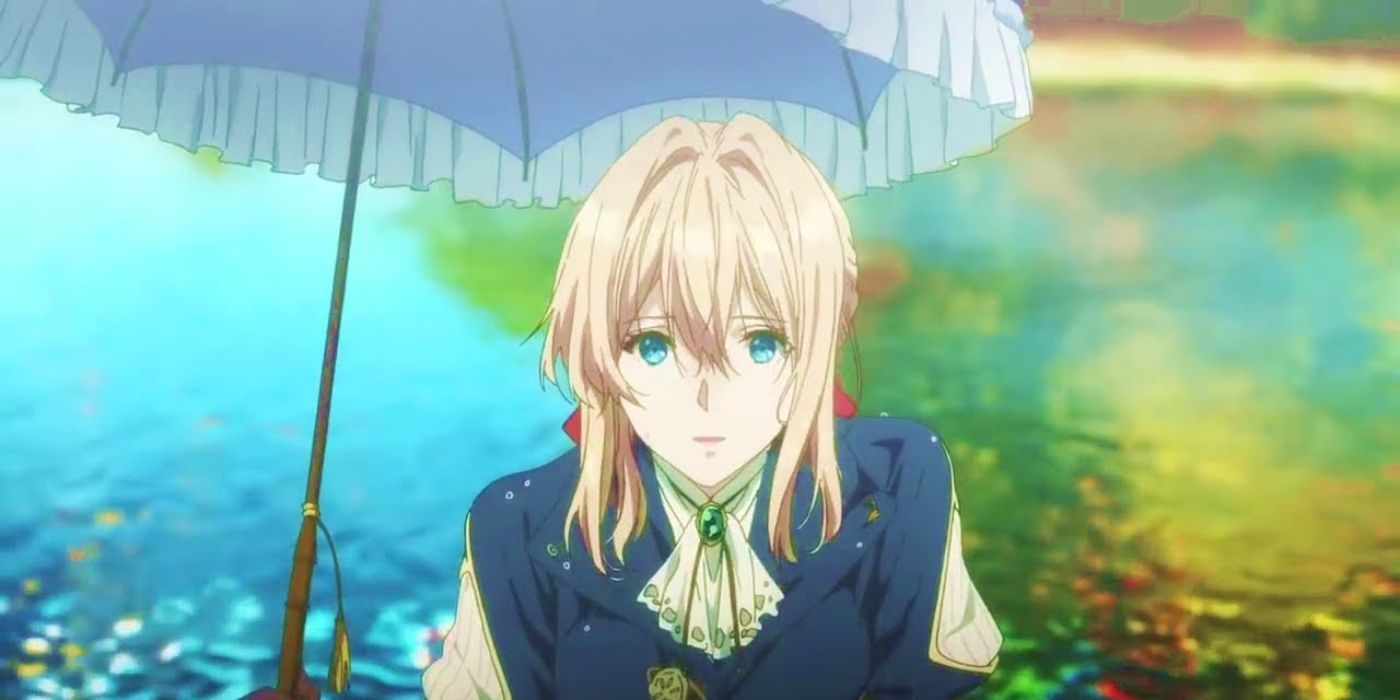 Violet Evergarden by the lake with her parasol in the anime Violet Evergarden