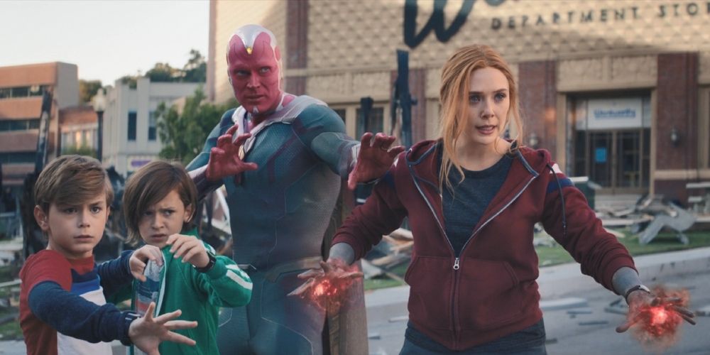 Vision, Wanda Maximoff, Billy, and Tommy fight off SWORD agents in Wandavision's 'The Series Finale'